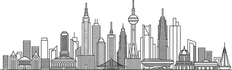 Detailed black and white line art illustration depicting a recognizable modern city skyline featuring skyscrapers and distinct architectural landmarks