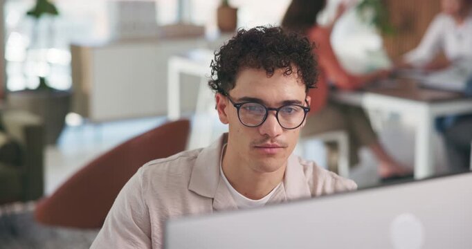 Research, reading or man with computer in creative agency, article planning or feature idea inspiration. Storytelling, draft editing or journalist with pc for submission, verify news source or info