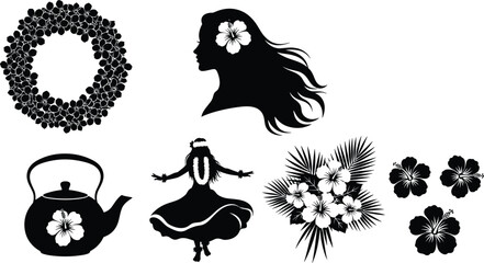 Tropical Hawaiian silhouette set with hula dancer hibiscus flowers wreath and teapot isolated on white background cad drawing flat vector illustration © Hello Wolrd
