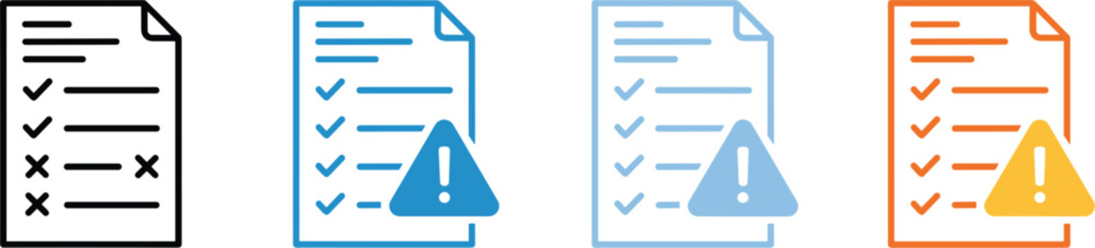 Document checklist warning icon set with approved and error report symbols in multiple color variations