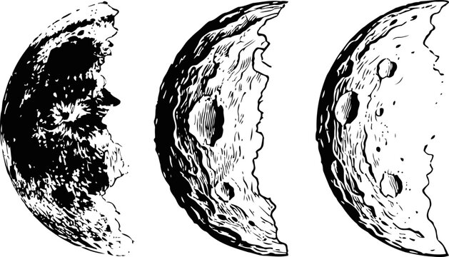 three detailed half moon illustrations showing cratered lunar surface textures in vintage engraving
