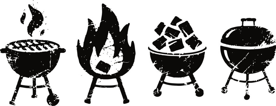 Black silhouette icons of charcoal barbecue grill with cooking food, fire flame, charcoal briquettes, and closed lid