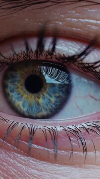 closeup blue eye blinking with detail, vibrant bluegreen iris revealing radial pattern and golden flecks, pupil reacting to light, delicate eyelashes and moist tear film reflecting studio