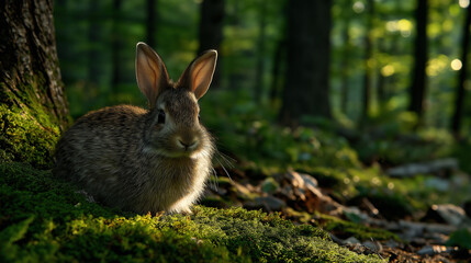 Fototapeta premium A little bunny in a spring forest.