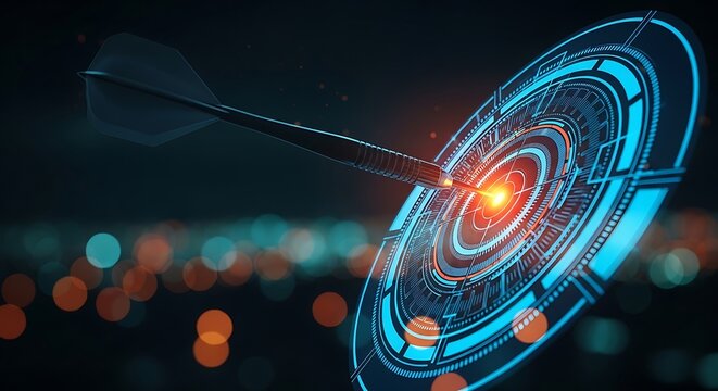 A futuristic dart hitting a glowing blue digital target with concentric circles and a central red dot