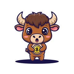 Cartoon Adorable Bull Holding Dollar Coin Character Design Illustration