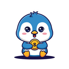 Cute Cartoon Little Penguin Holding Golden Coin Illustration Mascot Character