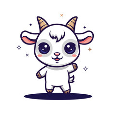 Cute Cartoon Smiling White Goat with Horns Mascot Illustration