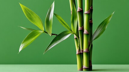Fototapeta premium Three slender bamboo shoots with vibrant green leaves arranged on the left side of an emerald background, showcasing their upright growth and lush branches extending upwards