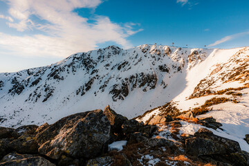 Obraz premium Winter hiking to Chopok in Low Tatras National park in Liptov in jasna ski resort is full of beautiful views. Slovakia mountains landscape