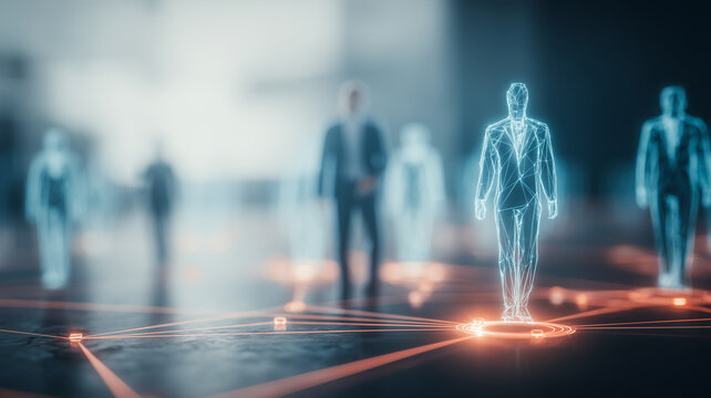 Digital human network visualization highlighting data driven leadership and decision making.
