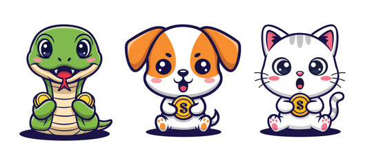 Cartoon Illustration of a Snake, Dog and Cat Holding Dollar Coins