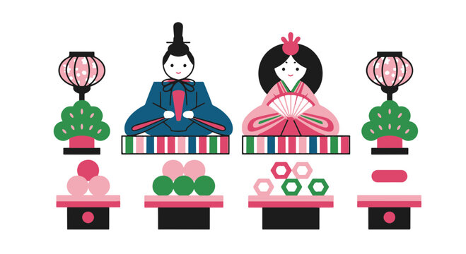 Hinamatsuri Celebration Setup with O hina sama Dolls Ornamental Lanterns Miniature Trees and Traditional Festival Food Offerings