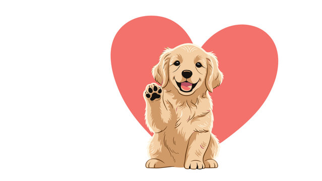 Sweet golden retriever puppy raising its paw in front of a large pink heart background represents love and affection.