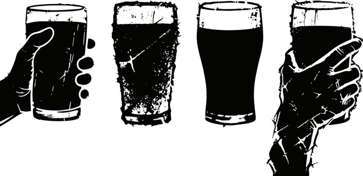 Silhouettes of hands holding beer glasses with frothy foam, isolated on white background