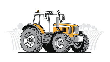 Obraz premium Orange agricultural tractor parked in a field with a background of rolling hills and stylized grey tree shapes.