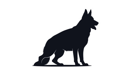 Obraz premium Solid black silhouette of a German Shepherd dog standing alert on a flat surface with a plain white background.