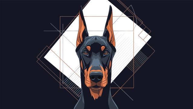 Symmetrical head portrait of a Doberman Pinscher against a dark background with geometric white and copper frames.