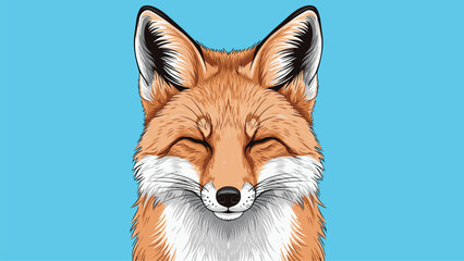 Fototapeta premium Frontal portrait of a red fox with closed eyes and a peaceful expression set against a bright blue background with smooth gradients.