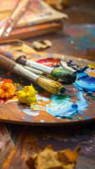 Obraz premium Wooden palette covered in colorful paint, with brushes resting on top
