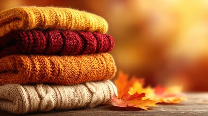 Fototapeta premium Stack of warmly colored knitted garments rests beside scattered autumn foliage under bright light