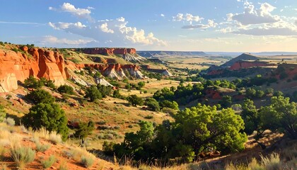 Expansive vista showcasing layered cliffs, verdant foliage, and a valley under a bright blue sky dotted with clouds