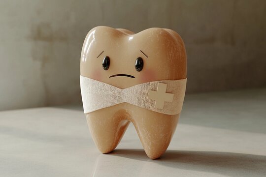 Illustration of a tooth with bandage looking sad
