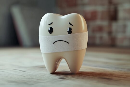 Illustration of a tooth with bandage looking sad