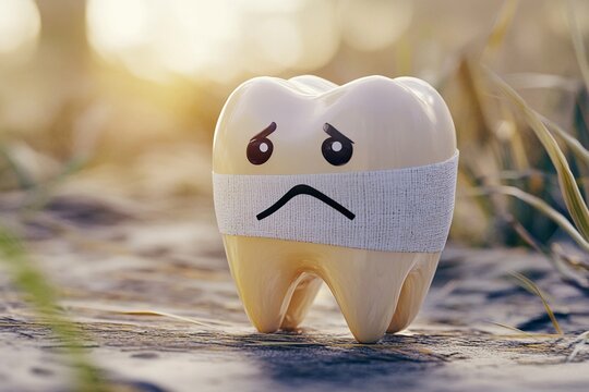 Cartoon tooth with bandage appearing sad and hurt