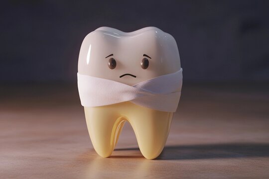 Cartoon tooth with bandage appearing sad and hurt