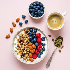 Overhead flat lay of yogurt with granola, berries, almonds, and pumpkin seeds, surrounded by blueberries and coffee on a pink surface. Generative AI.