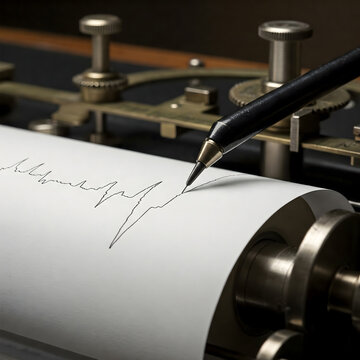 Seismograph pen tracing a seismogram on a rolling paper drum of a vintage instrument. Generative AI.
