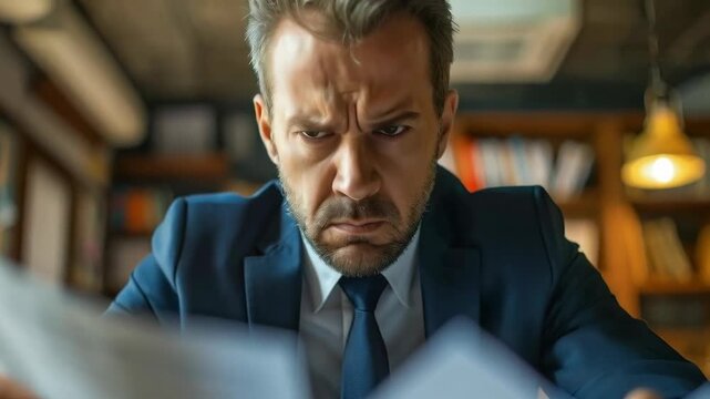 A man in a formal suit with an intense gaze studies documents, illustrating responsibility, which would be suitable as an atmospheric background for articles on business or management training.
