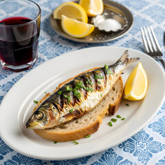 A grilled sardine served on a slice of crusty bread with fresh herbs and lemon wedges on a blue patterned tablecloth with a glass of red wine. Generative AI