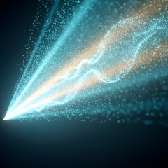 An abstract stream of glowing cyan and gold light particles erupts from a corner, forming wavy energy trails against a dark background. Generative AI