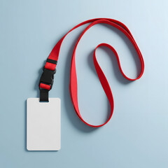 A blank white vertical identification badge with a red woven lanyard and black plastic buckle sits on a light blue surface. Generative AI
