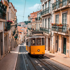 Fototapeta premium A classic yellow tram ascends a narrow, cobblestone street lined with traditional tiled buildings and flower-adorned balconies in Lisbon. Generative AI
