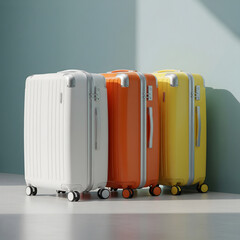 Three hard-shell suitcases in white, orange, and yellow stand neatly in a row against a soft green wall with gentle shadows. Generative AI