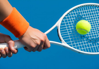 A player with an orange wristband grips a white tennis racket as a neon yellow ball hits the strings against a vibrant blue court background. Generative AI