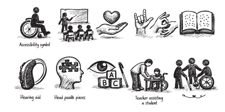 Hand-drawn sketch icons representing diversity, inclusion, accessibility. Symbols for handicap access, special needs education, hearing aid, puzzle mind, Braille, teacher with student, social inclusio