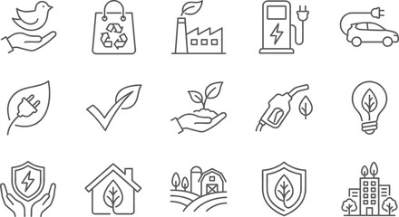 Fototapeta premium Linear vector icon set for environmental sustainability and green energy featuring electric cars recycling bags solar power wind turbines eco houses and organic farming symbols