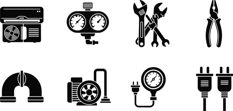 Industrial HVAC and plumbing icon set with air conditioner unit, pressure gauges, wrenches, pliers, pipes, pump, and electrical power plugs.
