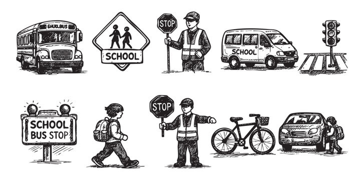 A detailed hand-drawn illustration featuring school transportation and safety elements, including a school bus, crossing guard, traffic signs, student, and bicycle.