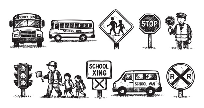 Hand-drawn style illustration of school safety elements including buses, road signs, a crossing guard, and children. Black and white. Vector. Ideal for educational resources.