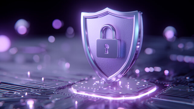 Security shield with padlock on circuit board representing data protection and cyber defense.

