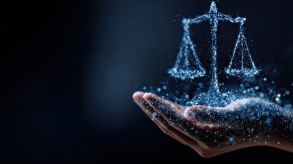 Obraz premium Digital scales of justice representation floats above an open hand in dark, abstract space