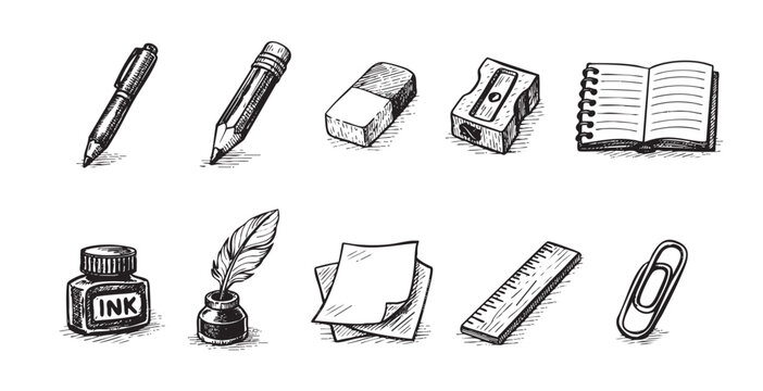 A set of various hand-drawn stationery items in black ink on a white background. Includes a pen, pencil, inkwell, and other classic supplies. Useful for illustrating writing, education, or creativity.