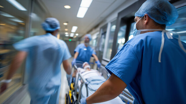 Faceless medical emergency team rushing critical patient through hospital corridor to surgery, urgent surgical transport, life-saving intervention, emergency operating room