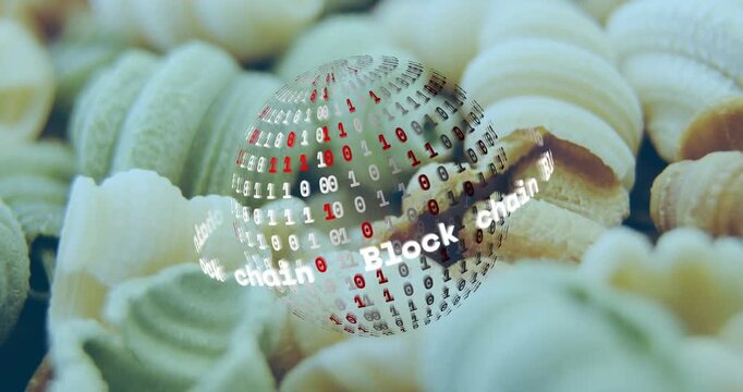 On playback start translucent globe rotating over pastel sweets, visualizing blockchain data