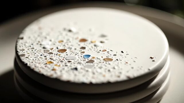 A plain white surface transforms with colorful terrazzo particles. Watch as a simple coaster becomes a vibrant, textured design.